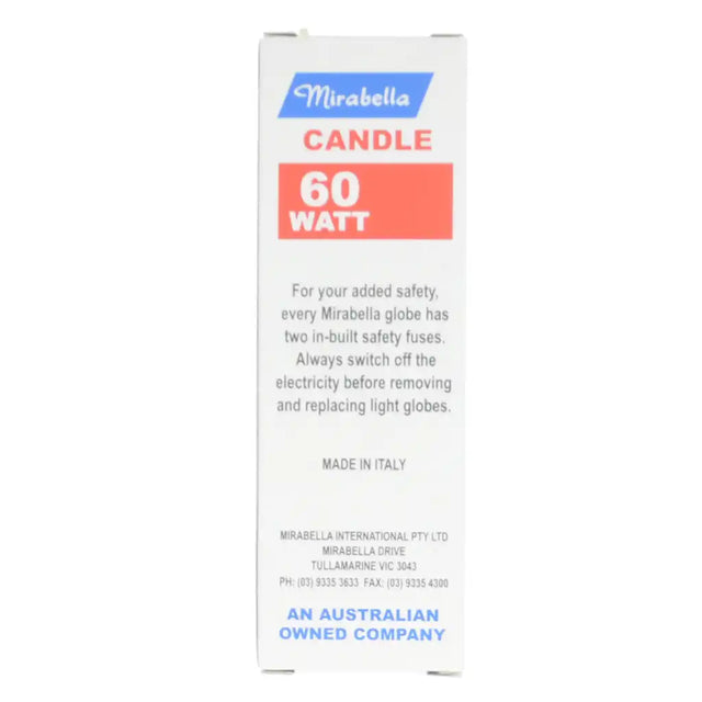 Mirabella candle packaging with 60 watt rating on a white background