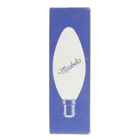 Vintage light bulb packaging with 'Mirabella' branding on a blue background