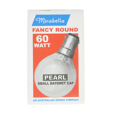 Vintage-style packaging for a 60-watt pearl light bulb with 'Mirabella' branding.