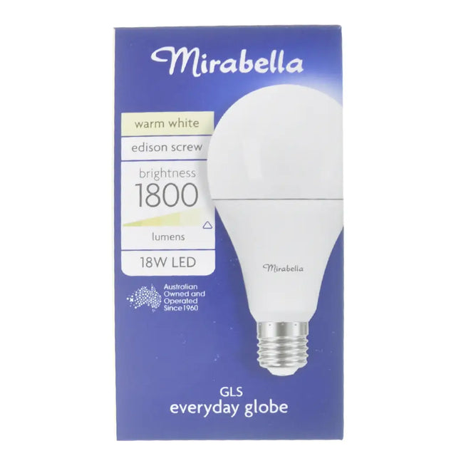 Mirabella LED bulb packaging with specifications on a white background