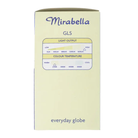 Mirabella GLS light output and color temperature label on a beige background