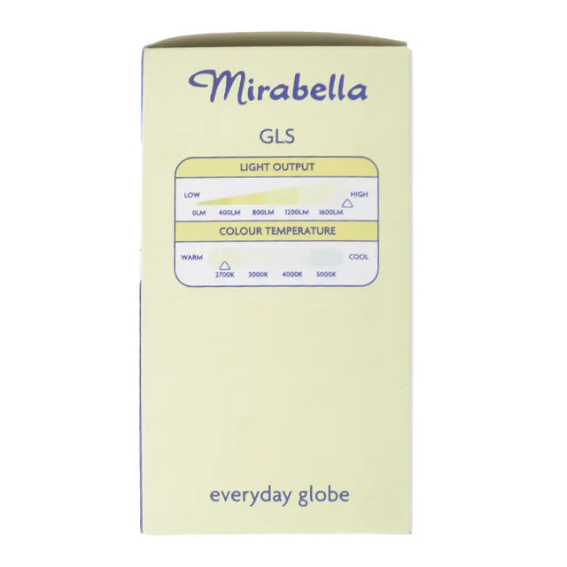 Mirabella GLS light output and color temperature label on a beige background