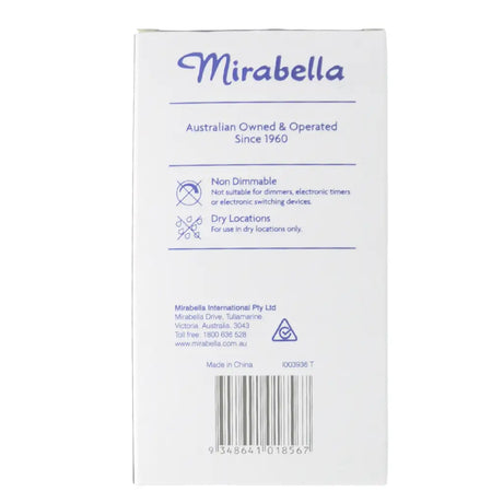 Mirabella product packaging with branding and specifications on a white background