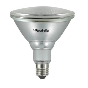 Silver reflector light bulb with 'Mirabella' branding on a white background