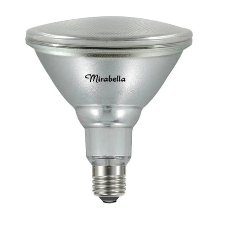 Silver reflector light bulb with 'Mirabella' branding on a white background