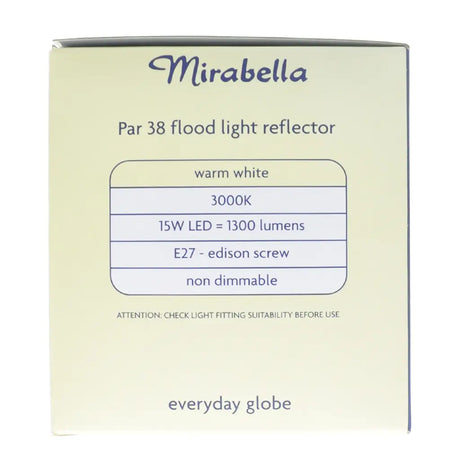 Box of Mirabella Par 38 flood light reflector with specifications on a beige background