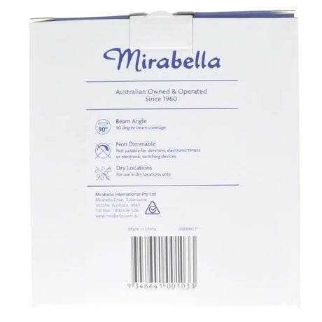 Back of a Mirabella product packaging with text and a barcode.