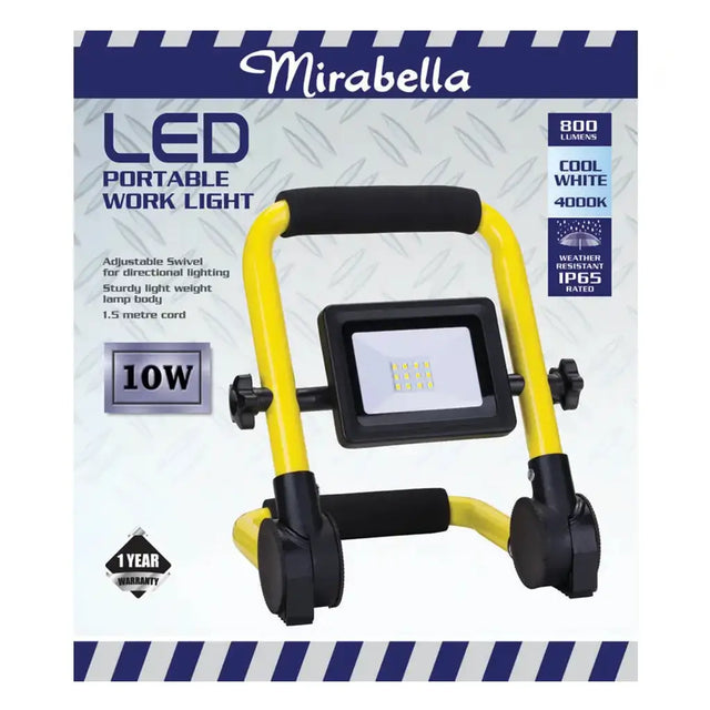 Mirabella LED portable work light packaging with specifications on a white background