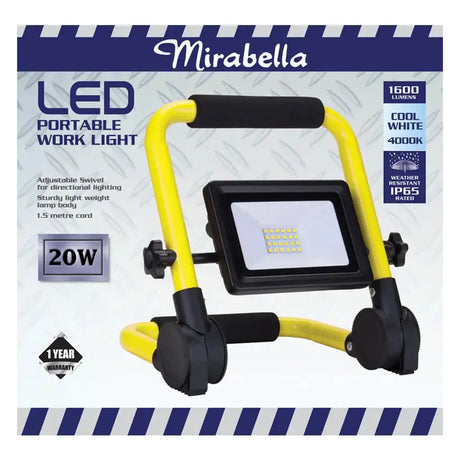 Mirabella LED portable work light packaging with yellow and black design.