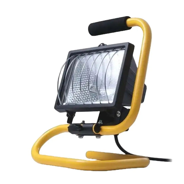 Yellow and black portable work light on a white background