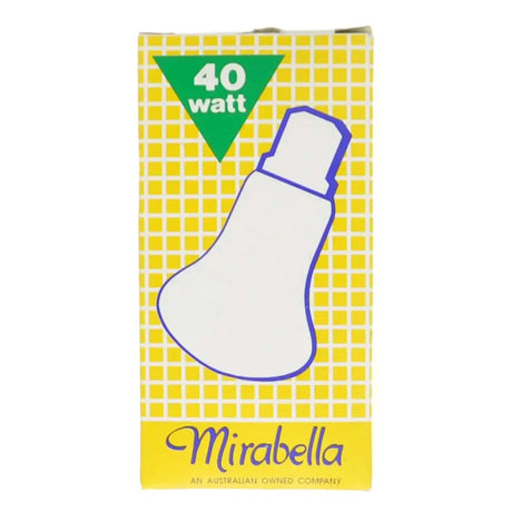 Vintage Mirabella light bulb box with yellow checkered pattern and 40-watt rating.