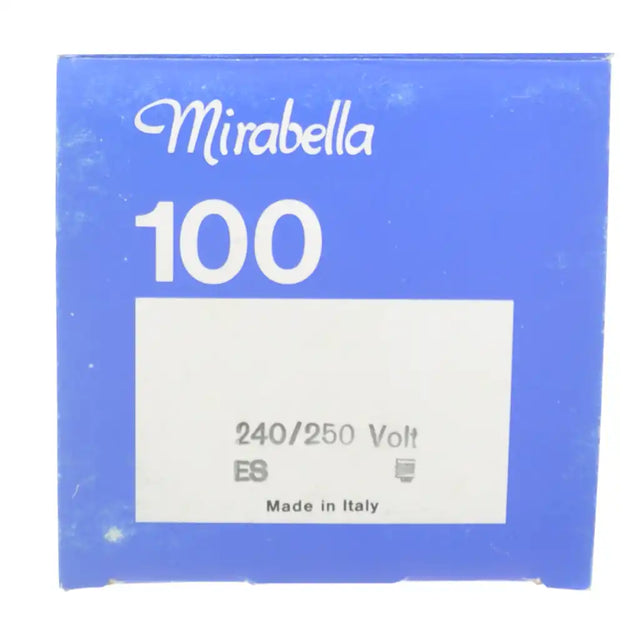 Mirabella 100 label on a blue background with text indicating voltage and origin.