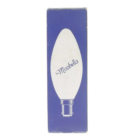 White light bulb on a blue box with 'Mirabella' branding