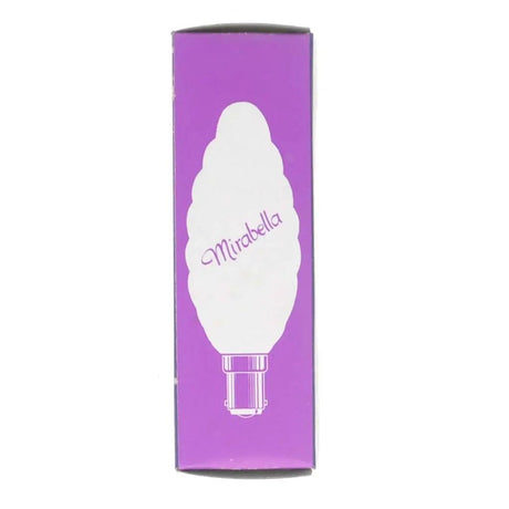 Purple packaging with a white cone-shaped object and 'Mirabella' branding on a white background