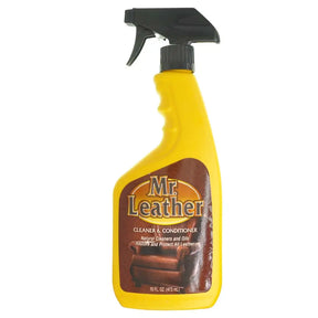 Yellow spray bottle with 'Mr. Leather' label on a white background