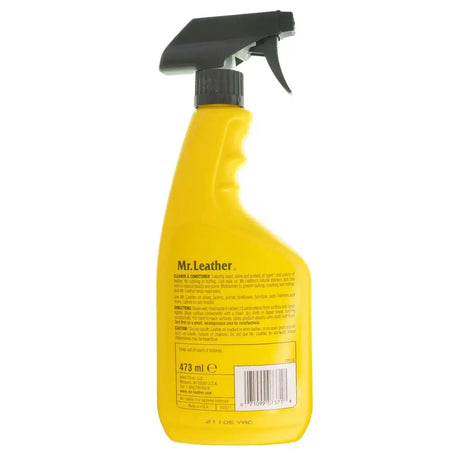 Yellow spray bottle labeled 'Mr. Leather' on a white background
