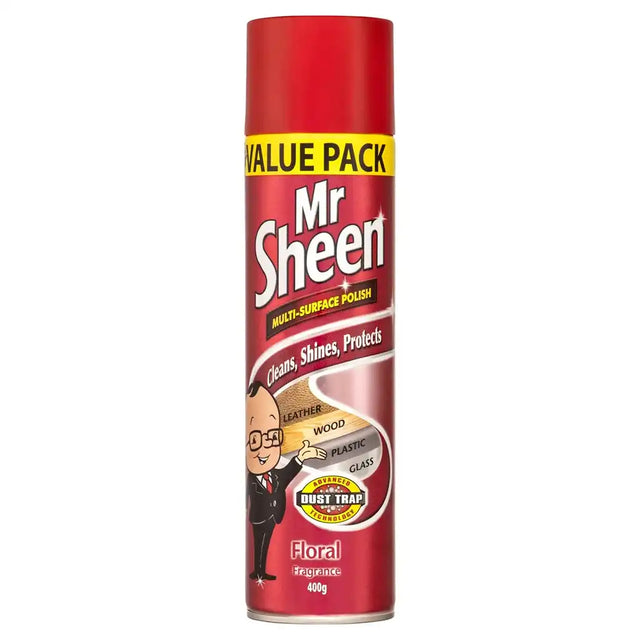 Red can of Mr Sheen multi-surface polish on a white background