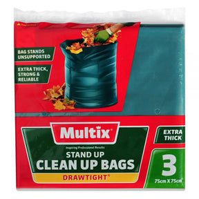 Pack of Multix stand-up clean up bags with a red and green design.