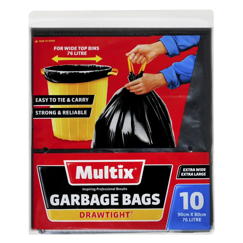 Multix garbage bags packaging with a hand holding a bag and text on a red background