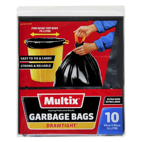 Multix garbage bags packaging with a hand holding a bag and text on a red background