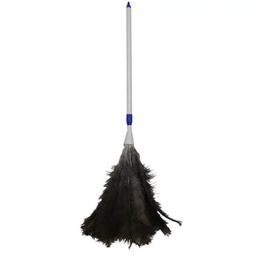 Black feather duster with a blue and white handle on a white background