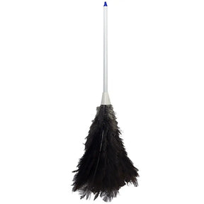 Black feather duster with a white handle on a white background