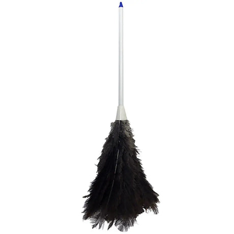 Black feather duster with a white handle on a white background