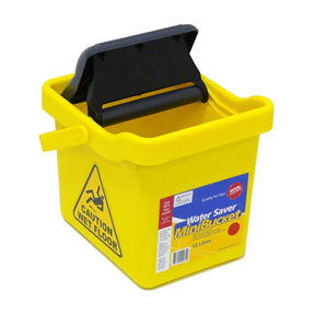 Yellow bucket with a black lid and 'Water Saver MiniBucket' label on a white background