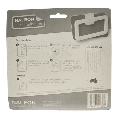 Naleon self-adhesive packaging with installation instructions and warning label.