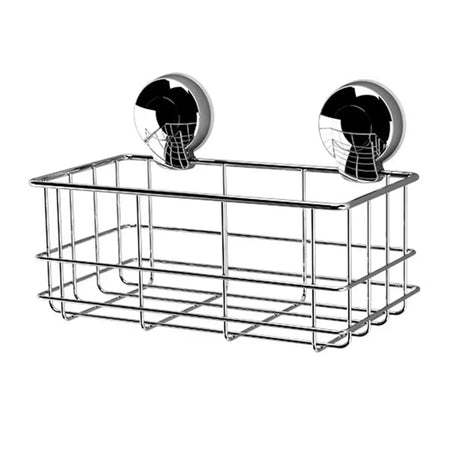 Metal wall-mounted storage basket with suction cups on a white background