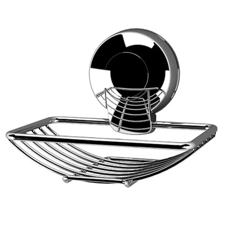 Chrome shower caddy with soap dish on a white background