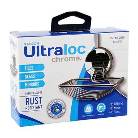 Ultraloc chrome soap dish packaging on a white background