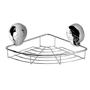 Chrome corner shower caddy with two circular hooks on a white background