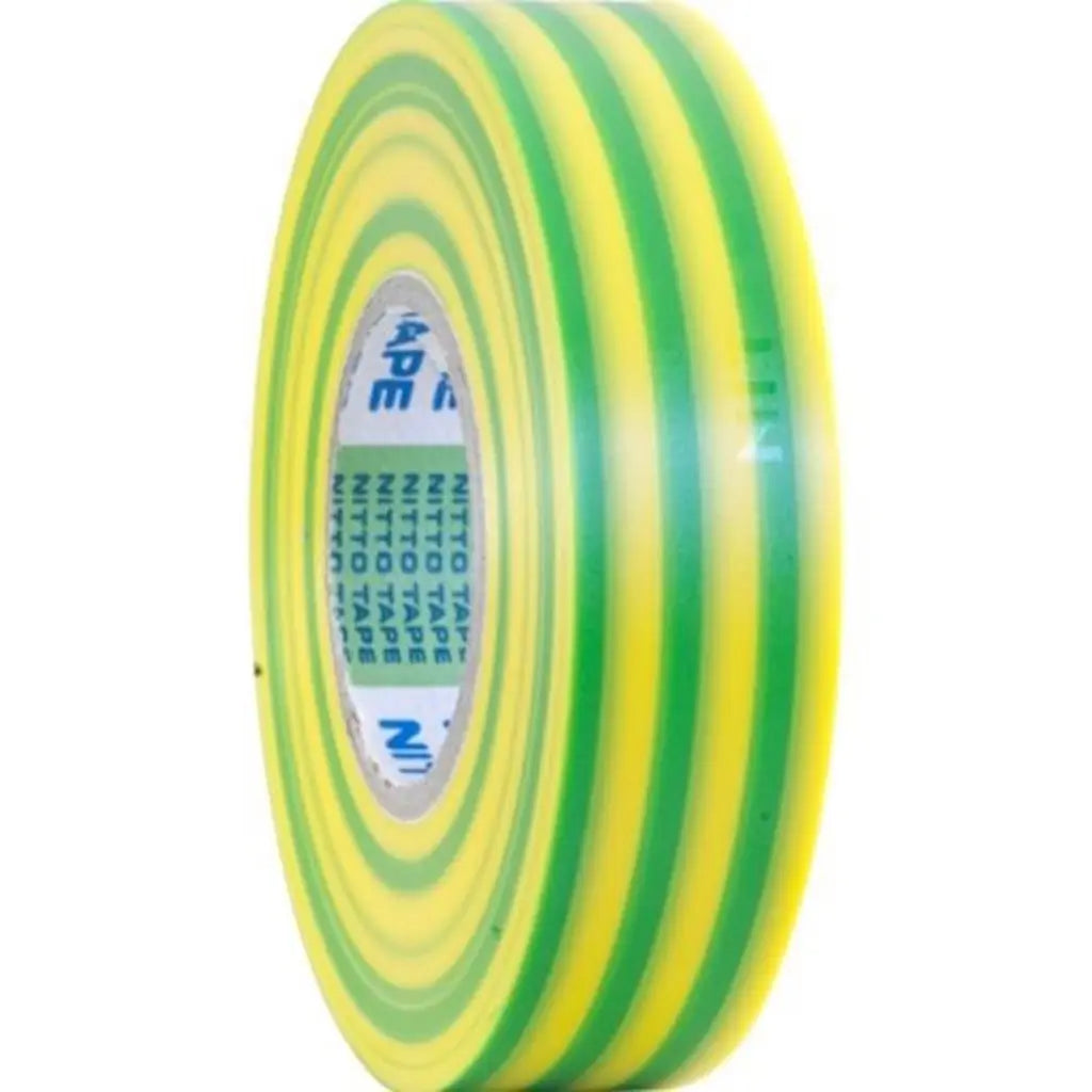 Roll of green and yellow electrical tape on a white background