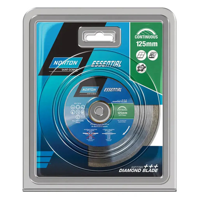 Norton Essential 125mm diamond blade in its original retail packaging, featuring a blue and black design with green accents.