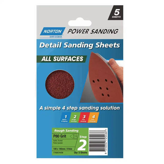 NORTON Detail Sanding Sheets All Surface P80 Grit 100x140mm 8 Hole 5 Sheets