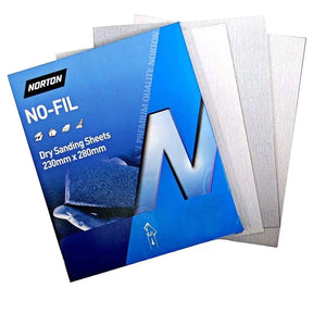 Norton No-Fil dry sanding sheets with packaging on a white background