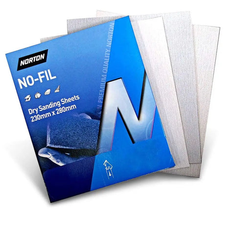 Norton No-Fil dry sanding sheets packaging with sanding sheets on a white background