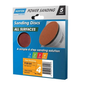 Norton sanding disc packaging with 5 discs on a white background