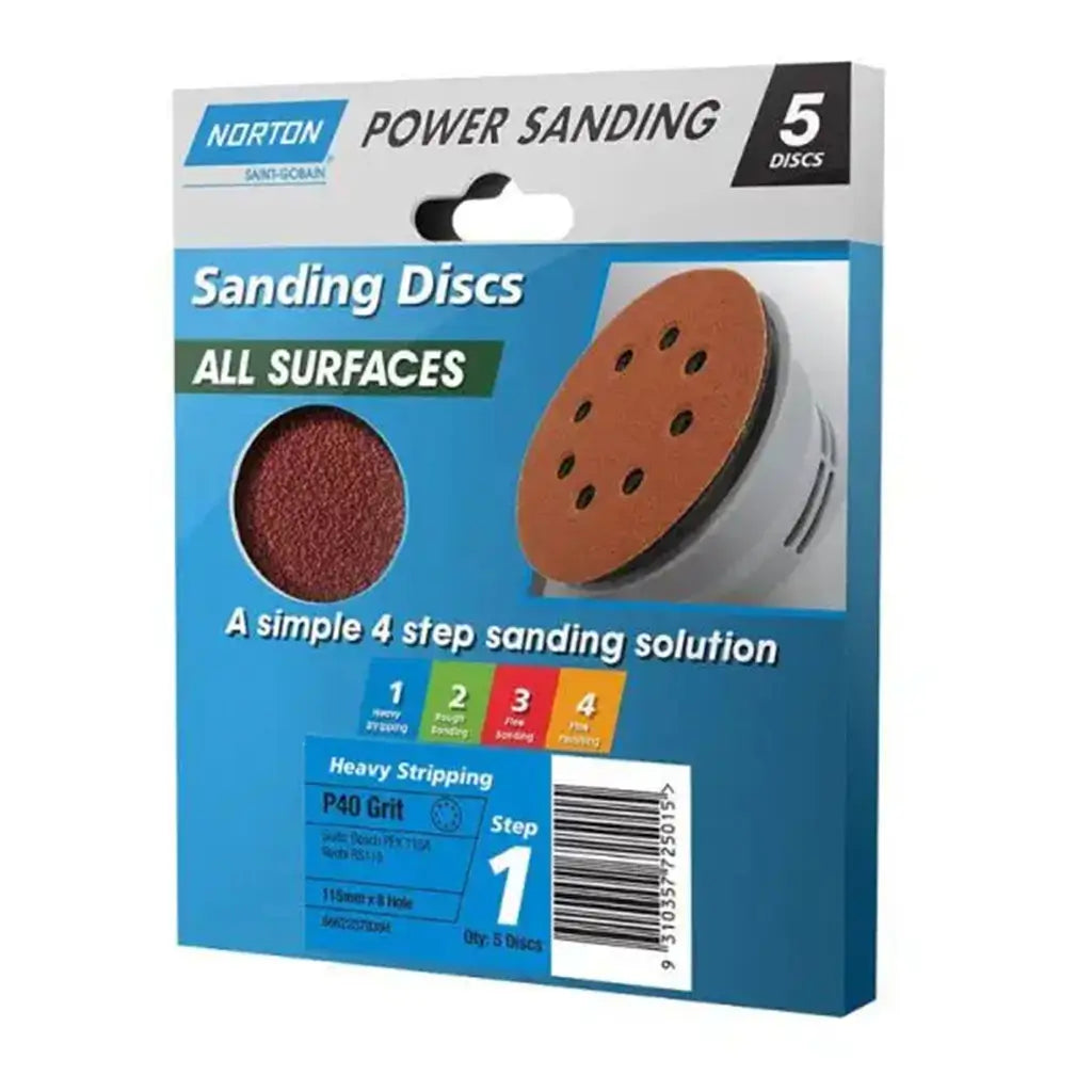 Norton Sanding Discs All Surface P40 115mm X 8 Hole 5Pcs – Double Bay ...