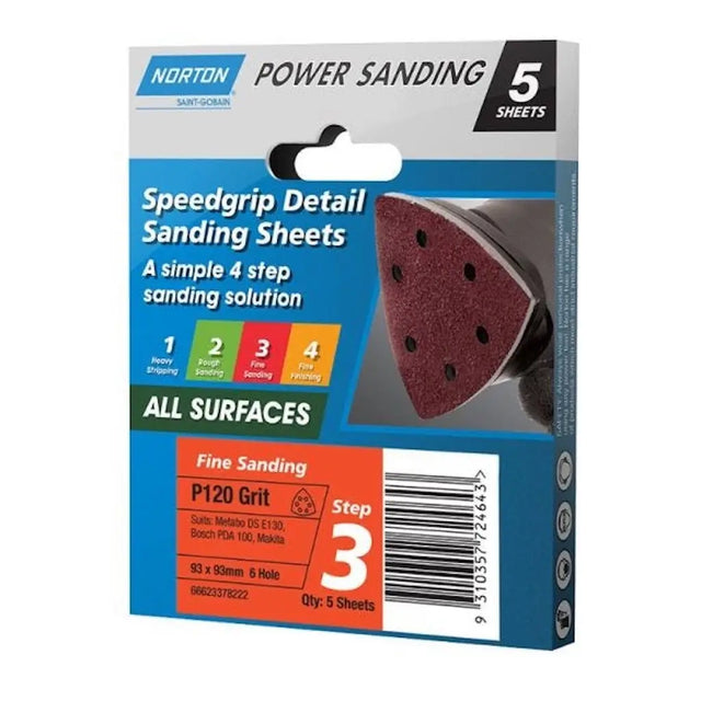 Norton Speedgrip Detail Sanding Sheets packaging with sanding disc on a white background