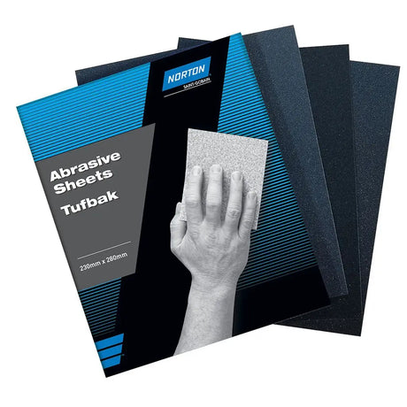 Norton abrasive sheets with a hand holding a sheet on a white background