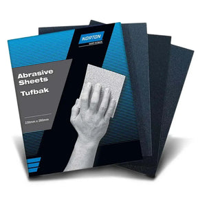 Norton abrasive sheets packaging with a hand holding a sheet on a white background