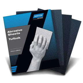 Norton abrasive sheets packaging with a hand holding a sheet on a white background