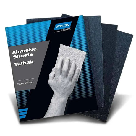 Norton abrasive sheets packaging with a hand holding a sheet on a white background