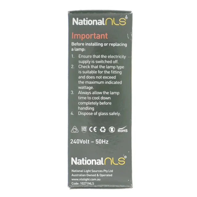 National NLS lamp packaging with safety instructions and product details on a white background