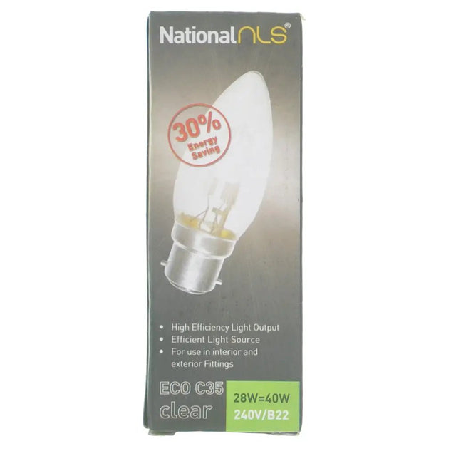 National NLS eco C35 clear light bulb packaging on a white background