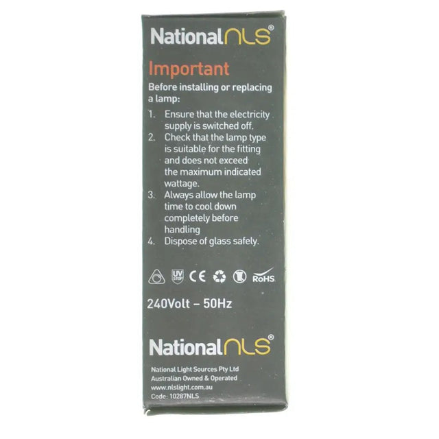 National NLS lamp packaging with safety instructions and branding on a white background