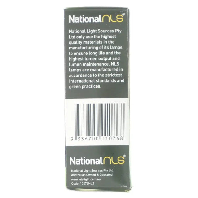Back of a National Light Sources Pty Ltd product packaging with text and barcode.