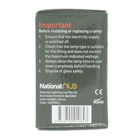 Back of a lamp packaging with safety instructions and branding